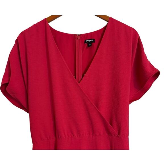 Express Women's Pink Dress Wrap Short Sleeve Knee Length Crepe Fuchsia Ruffle XL - Picture 2 of 10